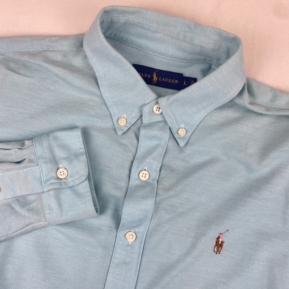 Ralph Lauren Mens Large Light Blue Pique Knit Long Sleeve Button Down Shirt